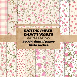 Vintage Dainty Pink Rose Florals Digital Paper ,watercolour soft background, scrapbooking textures, Whimsical floral paper instant download