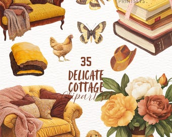 Rustic Cottagecore Watercolor Clipart Set Cozy Cottage Digital Stickers, Vintage Aesthetic PNG, Planner Graphics Instant Download Commercial