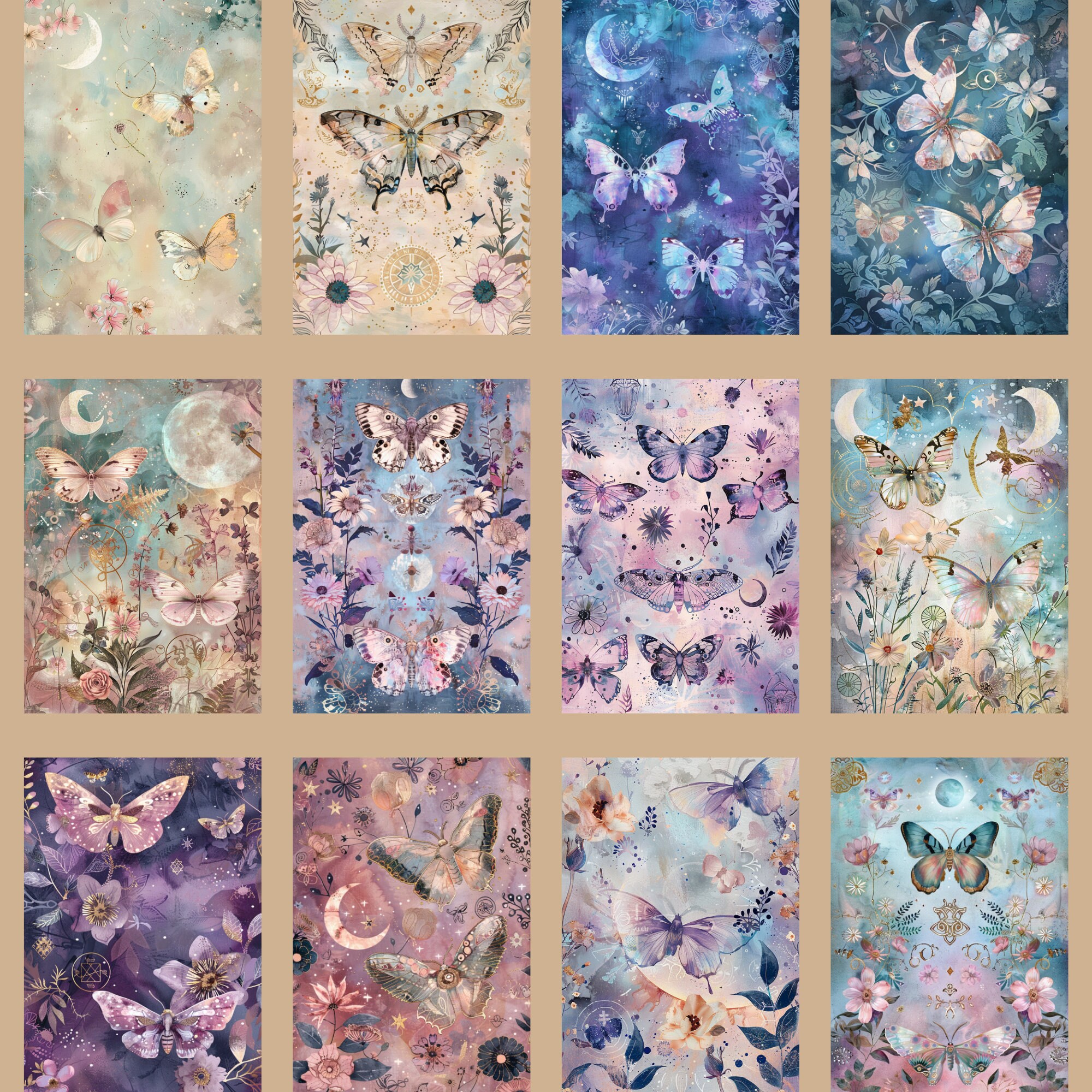 Distressed Moonstone Moth Dream Digital Paper, Vintage Mystical Texture ...