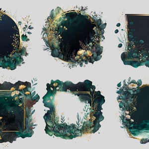 May include: Six different frames with gold borders and green foliage, flowers, and glitter. The frames are circular and square, and they are perfect for adding a touch of elegance to any project.