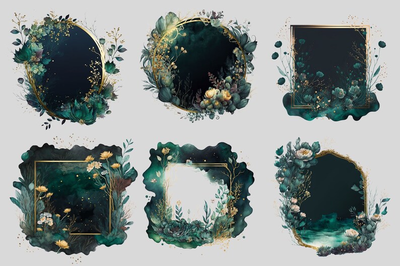 May include: Six different frames with gold borders and green foliage, flowers, and glitter. The frames are circular and square, and they are perfect for adding a touch of elegance to any project.