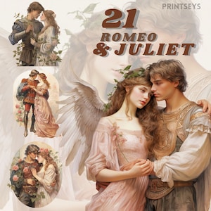 Paquete romántico de imágenes prediseñadas de Romeo y Julieta, arte vintage png, envejecido, moda victoriana, parejas históricas, transparente, descarga instantánea