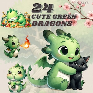 Niedlicher grüner Drache digitale Aufkleber Bundle, Drachen Jahr Clipart, mystische png, Drache, wunderliches Scrapbooking, transparent, kommerziell