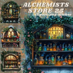 Watercolour vintage alchemists shop clipart bundle, wizards shop clipart, wicca clipart, shop clipart, scrapbooking, digital sticker