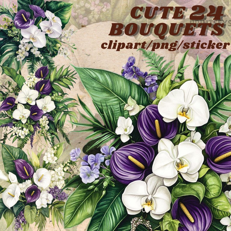 Watercolour Purple Flower Bouquet, Clipart Bundle, Wedding Decor