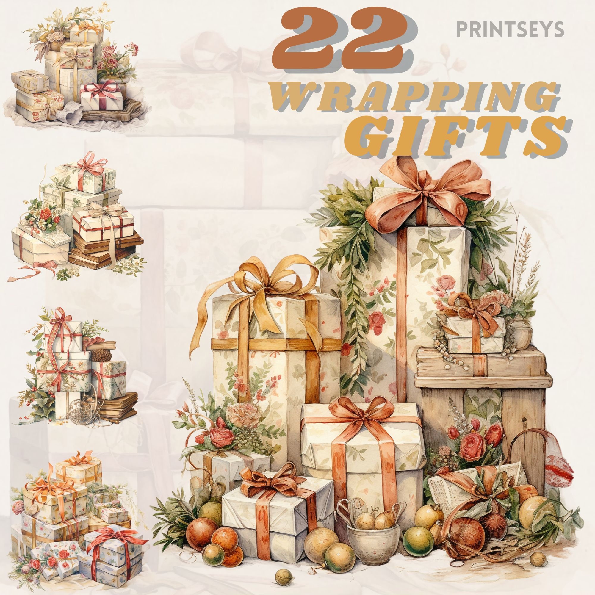 Watercolour Vintage Wrapping gifts clipart bundle, holiday clipart, winter png, instant download, retro christmas, transparent, cozy winter