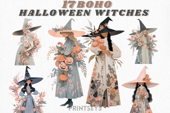 Boho Halloween Witches clipart bundle, chic clipart, folk art, abstract, scary clipart, autumn clipart, wiccan clipart, occult, scrapbook