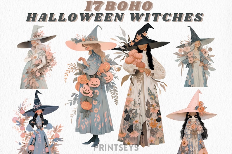 May include: 17 Boho Halloween Witches digital clipart set.  The illustrations feature witches in various poses, wearing floral dresses and witch hats.  Some witches are holding pumpkins and flowers.
