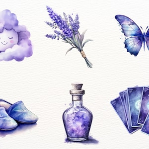May include: A watercolor illustration set featuring a purple cloud with a smiling face, a bouquet of lavender, a blue butterfly, a pair of purple slippers, a glass bottle filled with purple liquid, and a set of tarot cards with a purple and blue galaxy design.