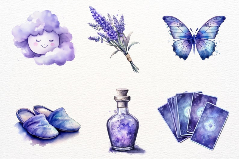 May include: A watercolor illustration set featuring a purple cloud with a smiling face, a bouquet of lavender, a blue butterfly, a pair of purple slippers, a glass bottle filled with purple liquid, and a set of tarot cards with a purple and blue galaxy design.