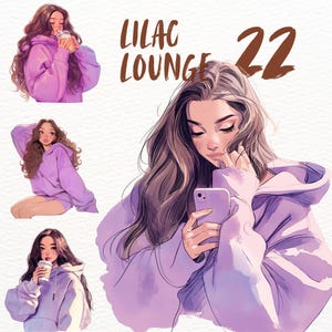 Conjunto de imágenes prediseñadas de chicas relajadas y acogedoras leyendo en color lila, pegatinas PNG de amantes de los libros acogedores, descarga digital del conjunto Relax Lounge, gráficos estéticos femeninos