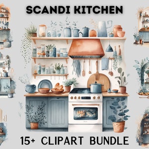 Pacchetto di clipart cucina scandinava dell'acquerello, vita in cottage, vita agricola, campagna, polli, vita rustica, semplice, accogliente, hygge