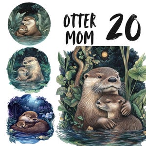 Ensemble de cliparts maman et bébé loutre, autocollants PNG animaux, ensemble fête des mères en téléchargement numérique, bonnes notes de loutre des bois, artisanat en papier animaux de la forêt
