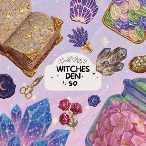 May include: A collection of watercolor clipart elements featuring a mystical theme. Includes an open book with gold accents, crystals, lavender, a jar of flowers, and the text "Witches Den 50". The color palette includes purple, gold, and pink.