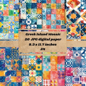 Carta digitale mosaico isola greca, carta strutturata vintage da viaggio greco, texture per scrapbooking, download istantaneo di carta con motivi geometrici