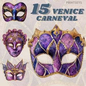 Karneval in Venedig Karneval Maske digitale Aufkleber, Clipart lila und gold, Maskerade png, transparent, Werbung, Vintage Journaling, sofort verfügbar