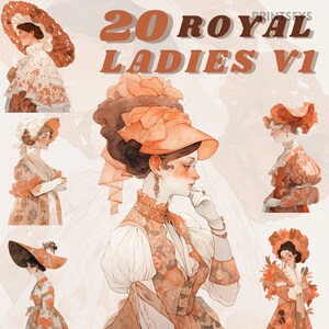 May include: A digital illustration of 20 Royal Ladies V1. The image features several women in vintage dresses and hats with a watercolor-like style. The women are depicted in various poses and expressions, with a focus on their clothing and accessories.