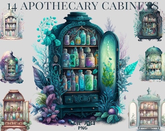 Watercolour Witches Apothecary Cabinet Clipart, Wiccan png, magic clip art, mystical clipart, witchcraft png clipart, pagan . clipart bundle