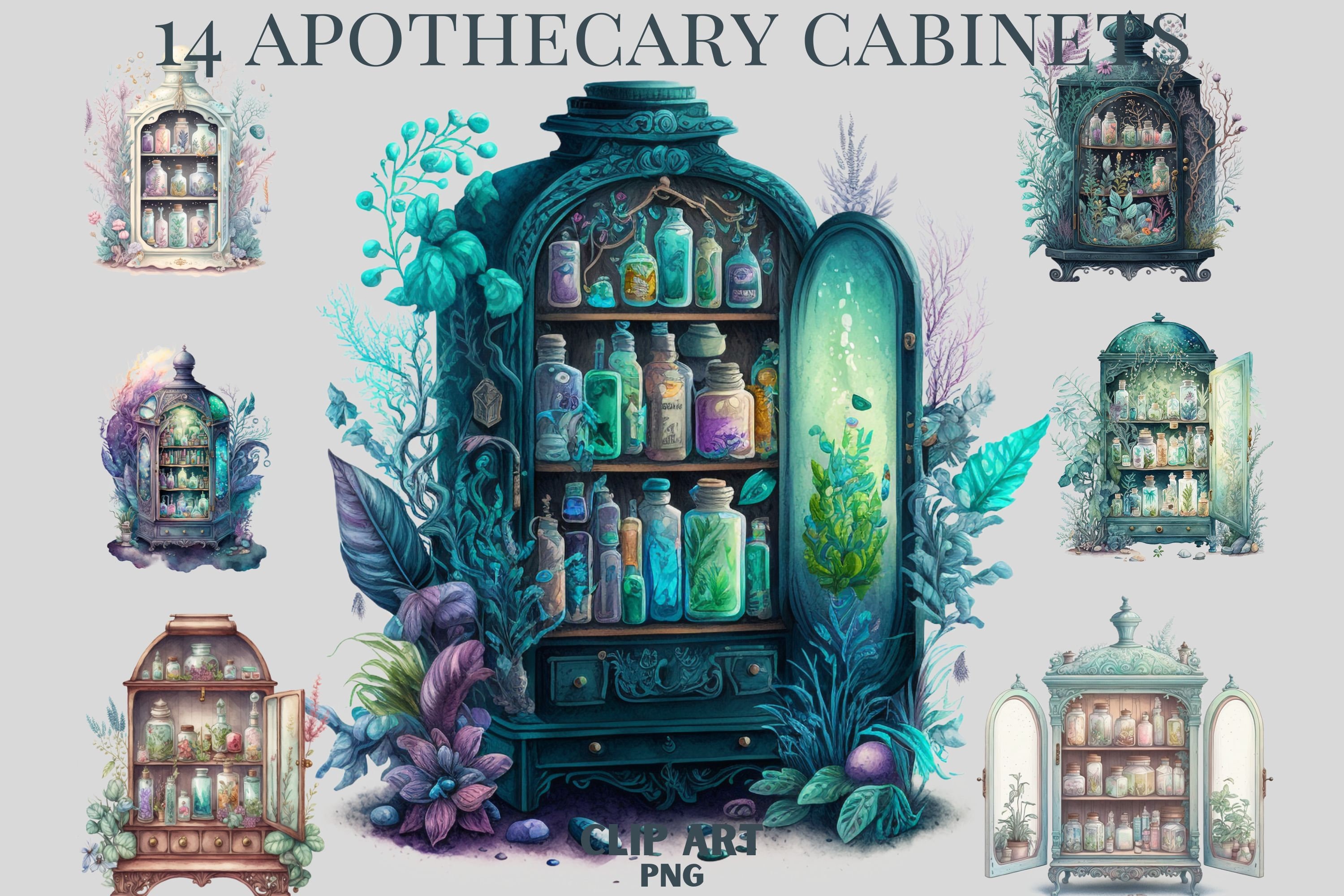 Watercolour Witches Apothecary Cabinet Clipart Wiccan Png - Etsy
