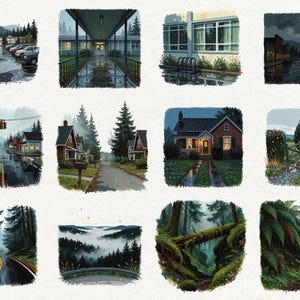 May include: A collection of twelve square illustrations depicting rainy scenes, including a parking lot, a school entrance, a suburban street, a house, a forest road, a misty mountain view, a mossy fallen log, and lush green ferns along a road.