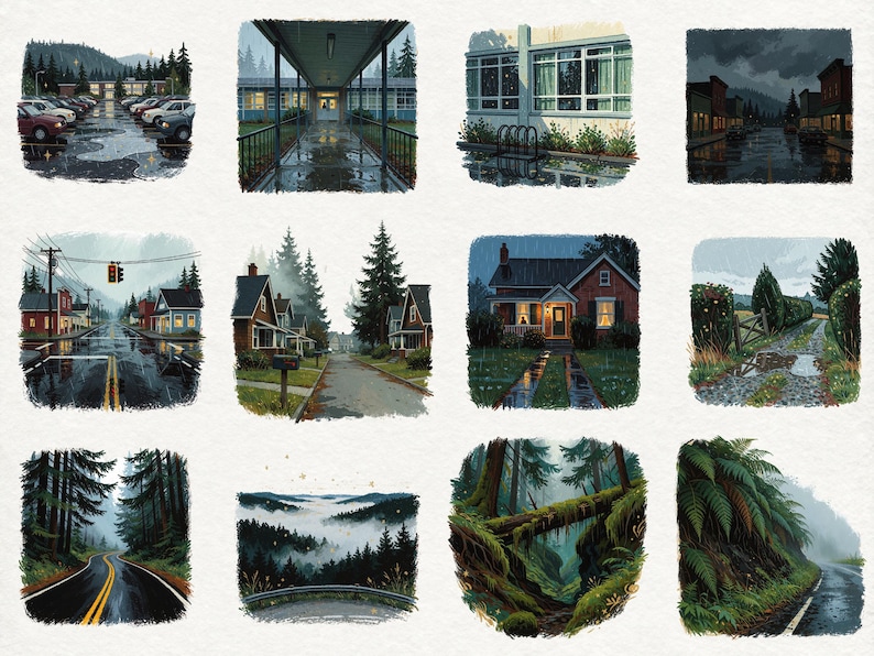 May include: A collection of twelve square illustrations depicting rainy scenes, including a parking lot, a school entrance, a suburban street, a house, a forest road, a misty mountain view, a mossy fallen log, and lush green ferns along a road.