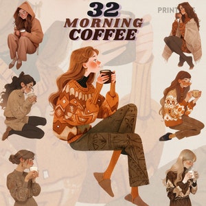 chica acogedora bebiendo paquete de imágenes prediseñadas de café de la mañana, pegatina digital de la hora del café, png, scrapbooking, esspresso, imágenes prediseñadas de invierno, transparente