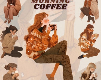 cozy girl drinking morning coffee clipart bundle, coffee time digital sticker, png, scrapbooking, esspresso, winter clipart, transparent