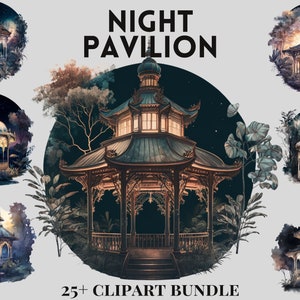 Aquarell Stil Vintage Pavillon Clipart Bundle, Nacht Clipart, himmlische Clipart, Scrapbooking, mystisch, Fantasy Garten Clipart