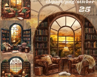 Watercolour autumn library clipart bundle, cozy autumn reading corner, dark academia sticker, reading, books, rainy day sticker png