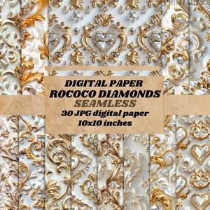 May include: A set of 30 digital papers featuring a seamless pattern of white and gold rococo designs with sparkling diamonds. Each paper is 10x10 inches.