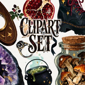 Può includere: Un set di illustrazioni digitali che include una planchette in legno, un melograno, uno stivale nero stringato, un grappolo di ametista viola, un anello, un calderone nero con liquido verde e un barattolo di vetro con funghi marroni, con il testo CLIPART SET.