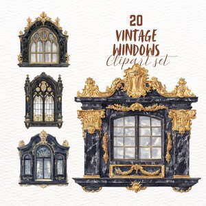 Könnte beinhalten: Ein Set mit 20 Vintage-Fenster-Clipart-Illustrationen. Die Fenster sind schwarz mit goldenen Akzenten und haben verschiedene Stile, darunter Bogen-, Rechteck- und gotische Fenster. Die Fenster sind perfekt, um Ihren Designs einen Hauch von Vintage-Charme zu verleihen.