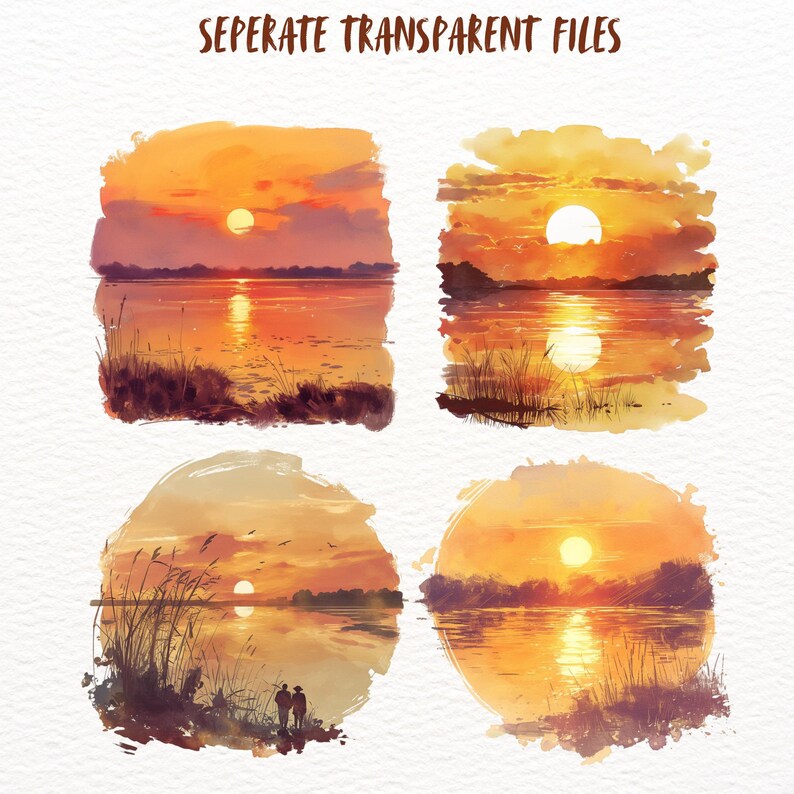 May include: Four watercolor paintings of sunsets over a lake. Each painting features a different composition of the sunset, with varying shades of orange, yellow, and red. The sky is cloudy and the water is calm and reflective.