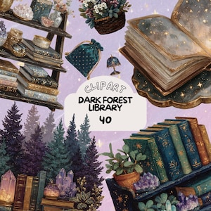Peut inclure: Clipart numérique sur le thème de la bibliothèque de la forêt sombre. L'image comprend des piles de livres, des étagères, des cristaux, une pochette en velours et un panier de fleurs. Le texte "Clipart Dark Forest Library 40" est également présent.