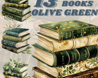 Paquete de imágenes prediseñadas de Olive and Gold Pile of Books, pegatinas digitales, lectura png, diario, imágenes prediseñadas vintage cottagecore, descarga instantánea