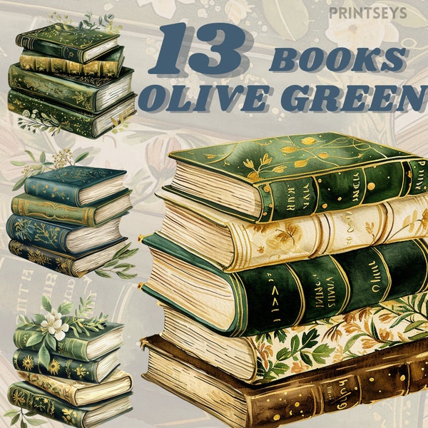 Olive and Gold Pile of Books clipart bundle, digital stickers,reading png, journaling, vintage cottagecore clipart, instant download