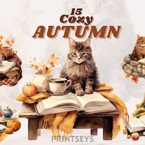 Pacote de clipart de gatos de outono aconchegantes em aquarela, clipart de outono, mantas, folhas de outono, clipart cottagecore, livros, leitura, clipart de gato, leitor ávido