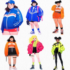 May include: Six illustrated figures wearing different outfits. The figures are all women with different hairstyles and skin tones. The outfits include a blue jacket with white stripes, a red jacket with white stripes, a yellow jacket with black stripes, a pink jacket with black stripes, a green jacket with black stripes, and a black and white skirt with a white top.