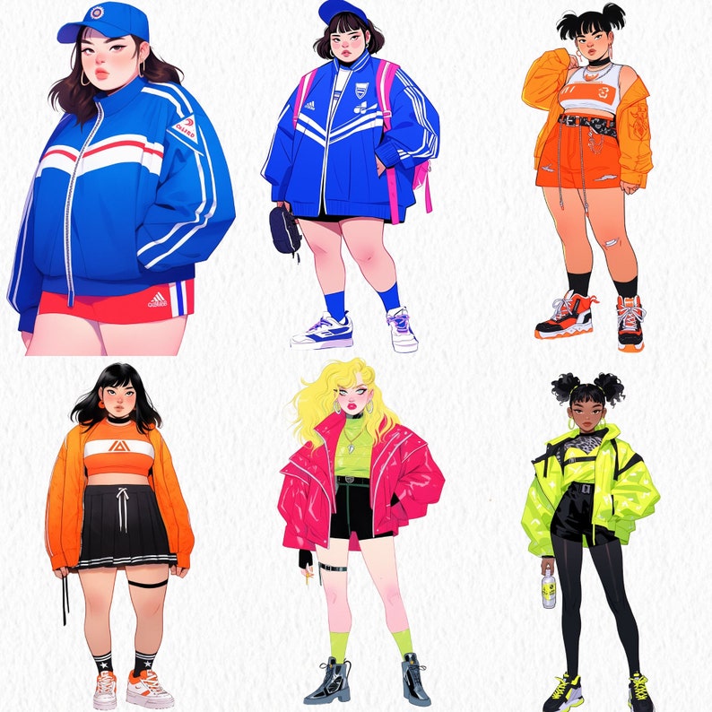 May include: Six illustrated figures wearing different outfits. The figures are all women with different hairstyles and skin tones. The outfits include a blue jacket with white stripes, a red jacket with white stripes, a yellow jacket with black stripes, a pink jacket with black stripes, a green jacket with black stripes, and a black and white skirt with a white top.