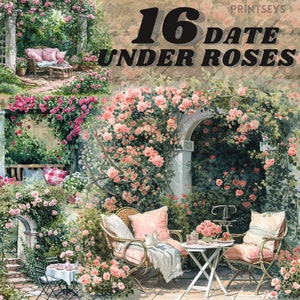 May include: A watercolour painting depicting a romantic garden setting with two chairs, a table and a teapot. The chairs are wicker and have pink cushions. The table is white and has a white tablecloth. The teapot is white and features a floral design. The garden is filled with pink roses and green foliage. The text "16 DATE UNDER ROSES" is written in black letters on a vintage background.