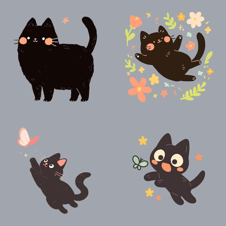 May include: Four black cats with different expressions and poses. One cat is sitting with its tail curled around its body, another is jumping in the air, another is chasing a butterfly, and the last one is surrounded by flowers.