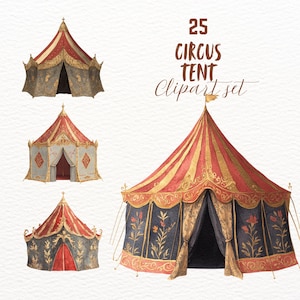 Paquete de imágenes prediseñadas de carpa de circo estilo acuarela, pegatinas acogedoras de GoodNotes, PNG de aspecto vintage, conjunto de diario digital de libros, imagen transparente