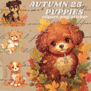 Lot d'autocollants numériques mignon chiot automne, clipart automne, bébés chiens, animaux mignons, fond transparent, téléchargement immédiat, png, couronne