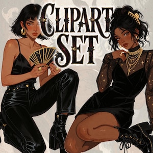 May include: Digital illustration of two figures in black outfits with the text CLIPART SET. One figure holds a fan of tarot cards, wearing a black camisole and pants. The other wears a black dress with a sheer star-patterned long-sleeve top.