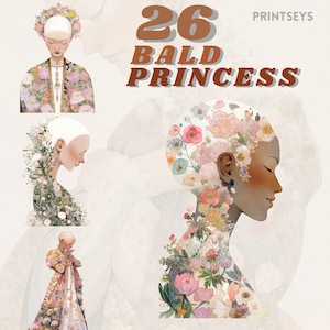 Dreamy Bald Fairytale Princess Clipart bundle, floral png, transparent background, instant download, royalcore, fantasy png, goddess