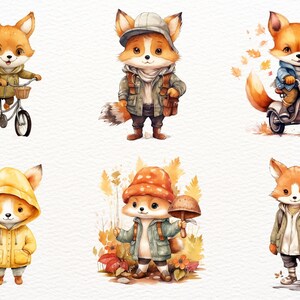Puede incluir: Seis ilustraciones de acuarela de zorros vestidos con ropa de oto&ntilde;o. Los zorros llevan un impermeable, un sombrero de hongo, una chaqueta con una mochila, una chaqueta con una bufanda, una chaqueta con una mochila y una chaqueta azul mientras conducen una motocicleta.