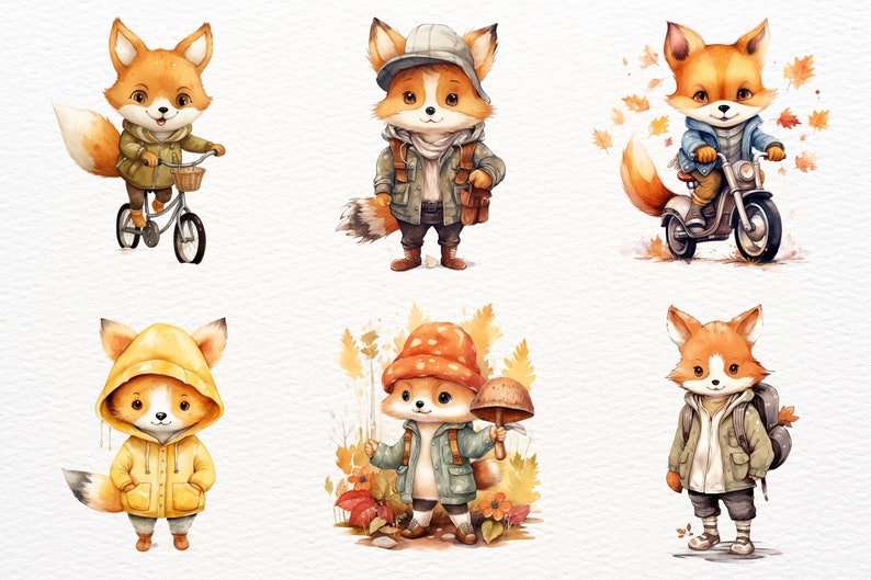 Puede incluir: Seis ilustraciones de acuarela de zorros vestidos con ropa de oto&ntilde;o. Los zorros llevan un impermeable, un sombrero de hongo, una chaqueta con una mochila, una chaqueta con una bufanda, una chaqueta con una mochila y una chaqueta azul mientras conducen una motocicleta.