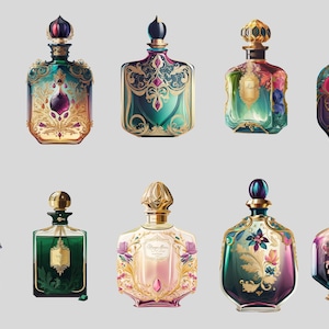 Puede incluir: Colecci&oacute;n de frascos de perfume ornamentados. Cada frasco presenta un dise&ntilde;o &uacute;nico, con detalles dorados y tapones de colores joya. Los frascos tienen diversas formas y colores, sobre un fondo gris claro. Todos los frascos son muy ornamentados.