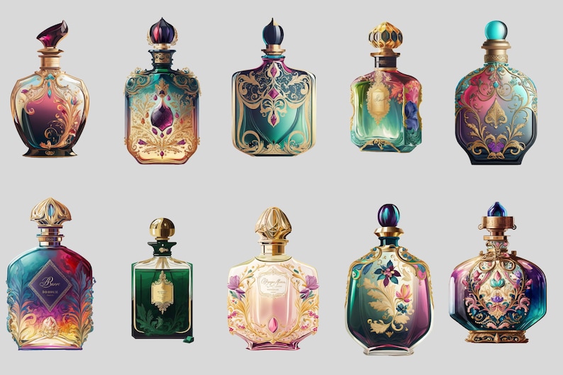 Puede incluir: Colecci&oacute;n de frascos de perfume ornamentados. Cada frasco presenta un dise&ntilde;o &uacute;nico, con detalles dorados y tapones de colores joya. Los frascos tienen diversas formas y colores, sobre un fondo gris claro. Todos los frascos son muy ornamentados.