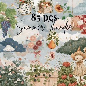 May include: A digital collection of 85 pieces titled Summer Thunder, featuring watercolor illustrations of grapes, sunflowers, a scarecrow, a wooden crate of fruit, a watering can, a swing with a quilt, and rain clouds with faces.